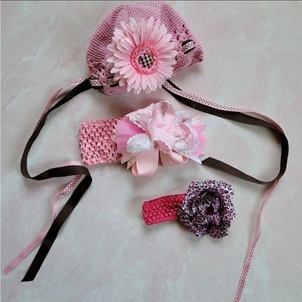 Baby girl newborn beanie knit crochet headband bun